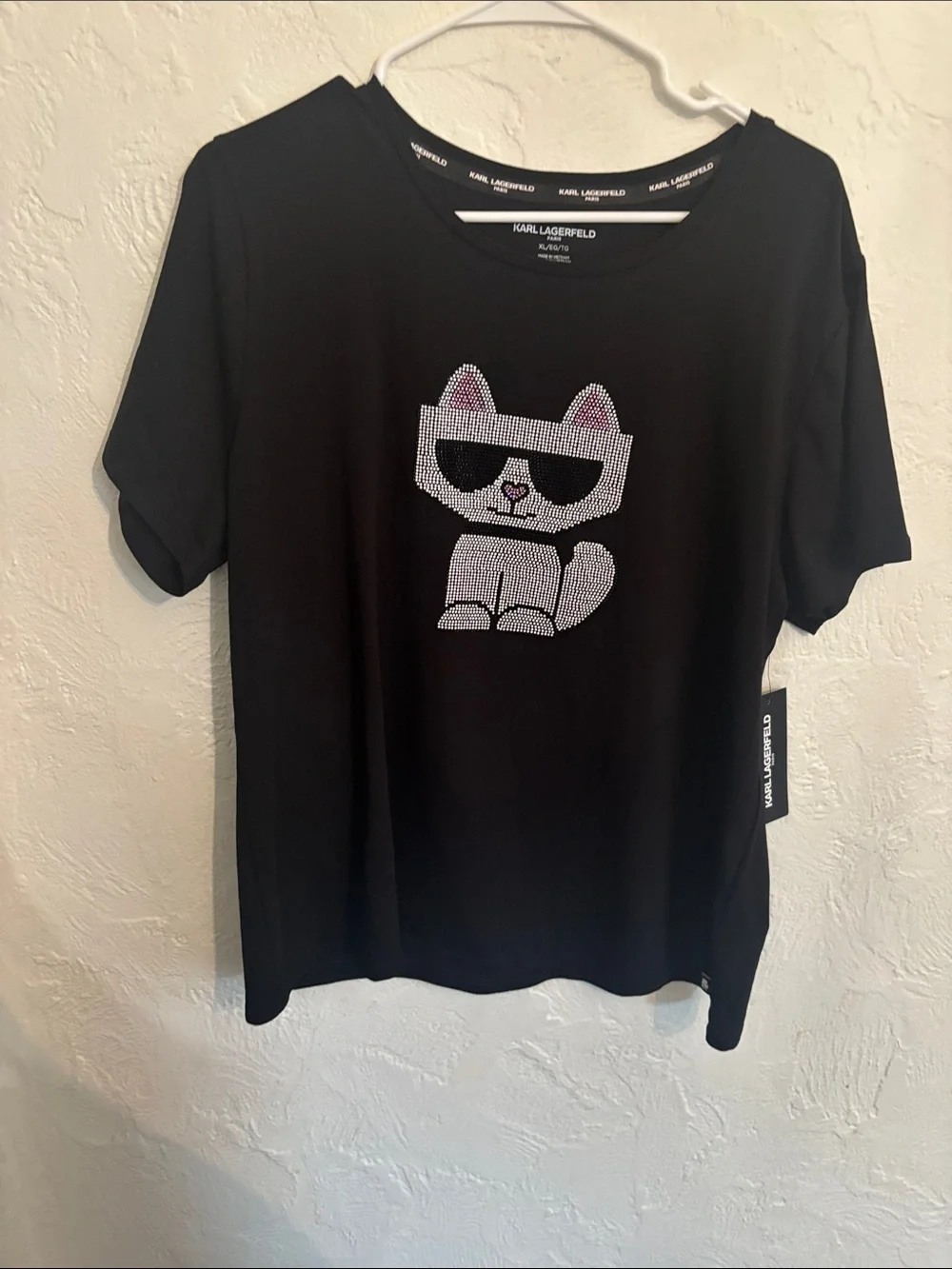 Karl Lagerfeld Black Rhinestone Cat Tee with Pink Accents
